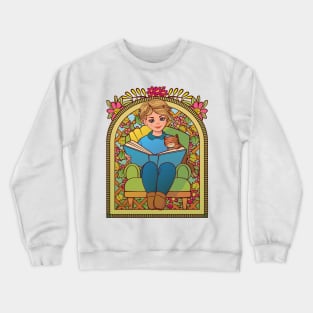 Blonde Girl Reading to Cat Crewneck Sweatshirt